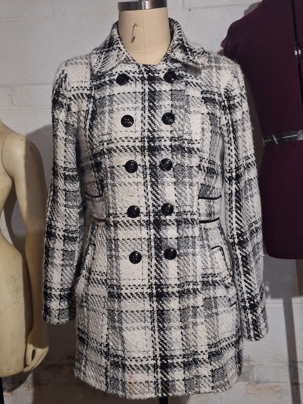 Women's Black & White Plaid Double-Breasted Coat